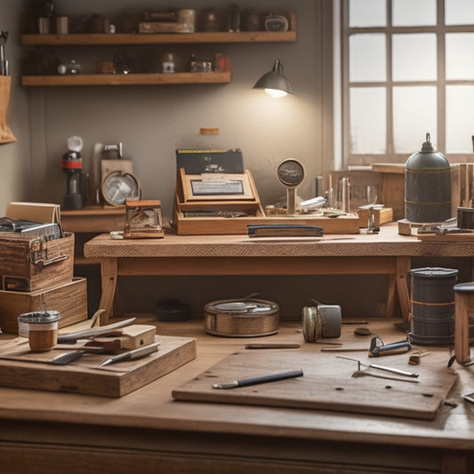 A neat, organized studio with a wooden worktable, surrounded by a few essential tools: a tape measure, a level, a pencil holder, and a small toolbox with a few visible tools inside.