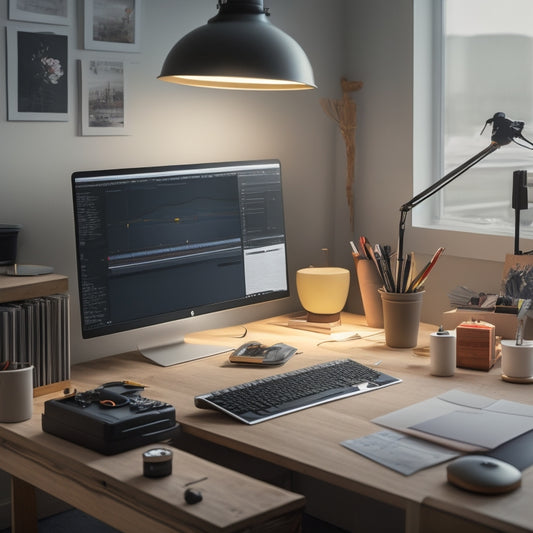 A minimalist illustration of a cluttered studio in the background, with a calm and organized workspace in the foreground, featuring a few neatly arranged Studio equipment and a simplified workflow diagram on a large screen.