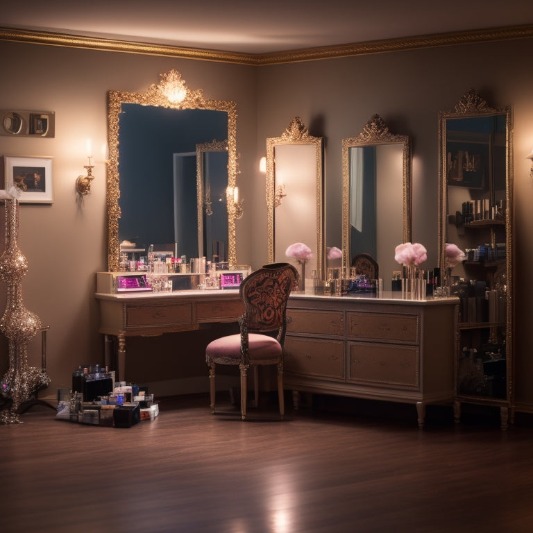 A sparkling, glamorous dance studio with a vanity in the corner, surrounded by makeup brushes, palettes, and mirrors, with a few dance costumes and shoes scattered around, under soft, warm lighting.