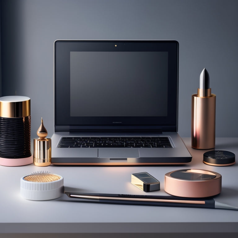 A minimalist digital illustration featuring a stylish, modern makeup station with a sleek laptop and a few carefully placed makeup brushes, surrounded by subtle clockwork gears and faint clock faces in the background.