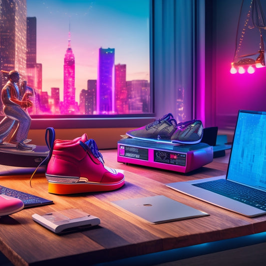 A vibrant illustration of a dance studio with a laptop and headphones on a table, surrounded by dance shoes, music notes, and a cityscape in the background, blending traditional and digital elements.