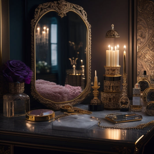 A serene, beautifully lit makeup station with a velvet-covered vanity, adorned with ornate golden accents, surrounded by an array of high-end makeup products and delicate, sparkling jewelry.