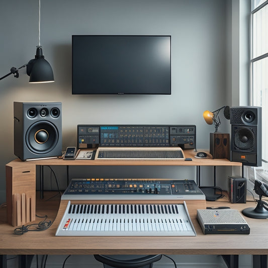 A minimalist illustration featuring a tidy recording studio with a sleek, modern desk, surrounded by organized cables, and a few essential automation tools, such as a MIDI controller and a mixing board.