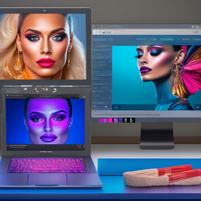 A split-screen image featuring a dance makeup artist's workstation with a laptop and various makeup tools on one side, and a digital illustration of a dancer's face with virtual makeup brushes and palettes on the other.