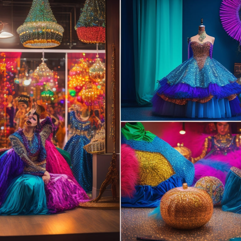 A vibrant dance studio filled with colorful fabrics, sequins, and sketches of elaborate costumes. A designer's hands are draping luxurious materials over a mannequin, surrounded by twinkling lights and artistic tools, capturing the essence of creativity.