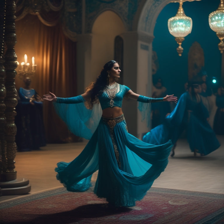 A serene, dimly lit room with a beautiful, toned female dancer in a flowing, turquoise costume, surrounded by mirrors and Middle Eastern-inspired tapestries, in a dynamic, whirling motion.
