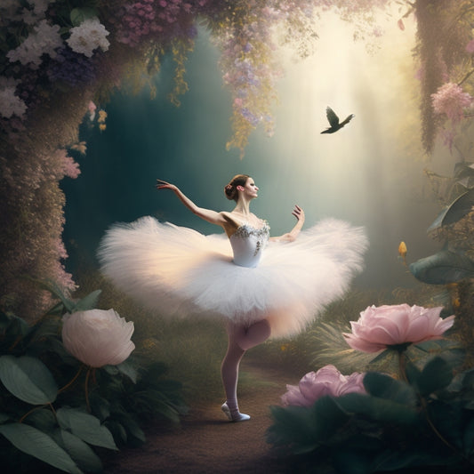 A whimsical illustration of a delicate ballerina in soft, blended watercolors, surrounded by floating flowers, leaves, and feathers, with a subtle, shimmering mist in the background.