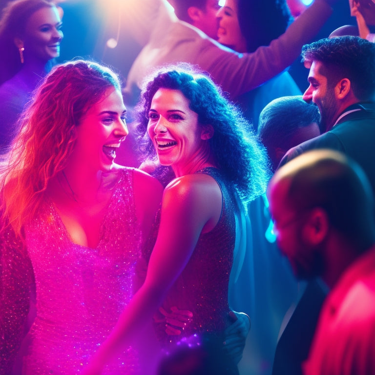 A vibrant illustration of a person dancing in a crowded club, surrounded by blurred-out faces, with a spotlight shining down, highlighting their confident, carefree movements and joyful expression.