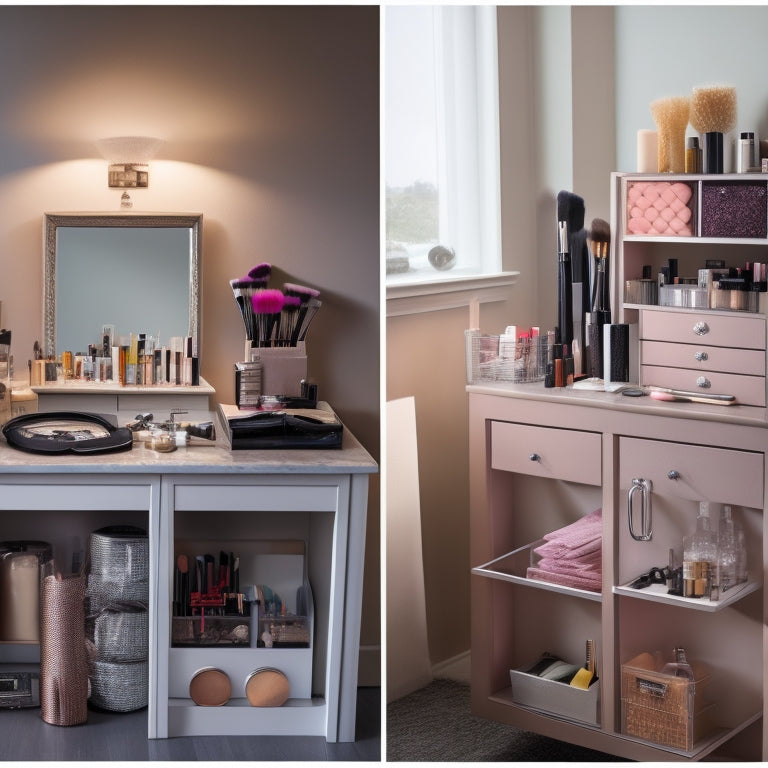 A split-screen image: one side, a cluttered makeup station with scattered brushes, products, and papers; the other side, a tidy, organized workspace with labeled drawers, a clean mirror, and a single, elegant makeup brush standing upright.