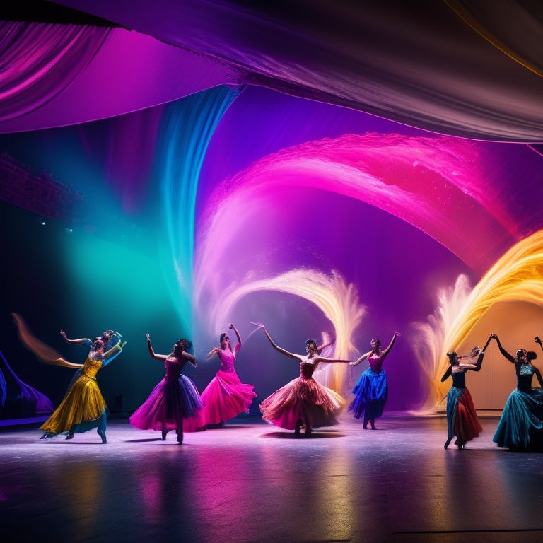 A vibrant, dynamic image depicting a grand theatre stage with swirling curtains, spotlights shining down, and silhouettes of dancers in motion, surrounded by abstract splashes of colorful paint.