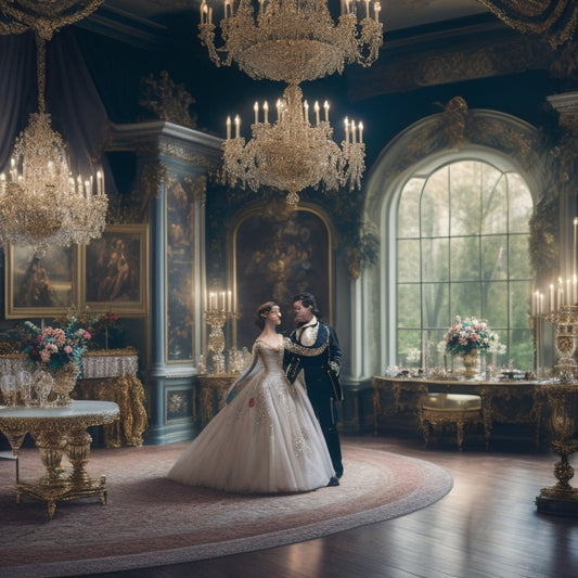 A whimsical illustration of a lavish Regency-era ballroom scene, featuring delicate chandeliers, intricate mirrors, and ornate furnishings, with elegantly dressed couples twirling in waltz poses, surrounded by lush greenery and soft candlelight.