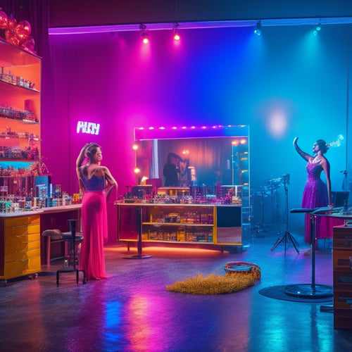 A colorful, dimly lit dance studio with a vanity in the center, surrounded by makeup brushes, palettes, and mirrors, with a dancer in the background stretching, spotlight shining on the makeup station.