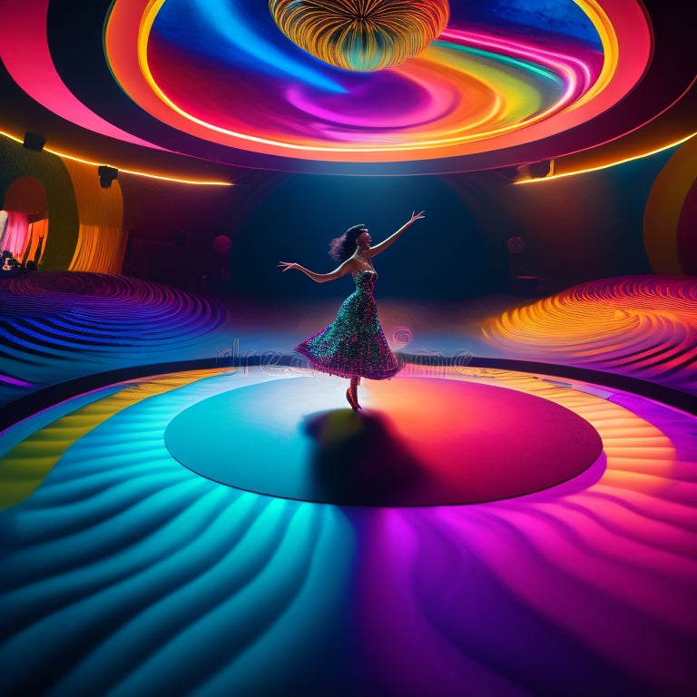 A whimsical illustration of a darkened dance floor, spotlight shining down, surrounded by swirling shapes and vibrant colors, with a lone dancer in the center, lost in movement, arms outstretched.