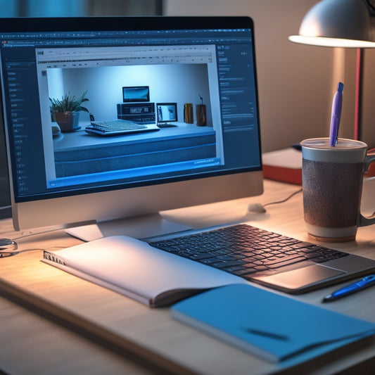 A split-screen composition featuring a laptop with a YouTube video playing on the screen, alongside a desk cluttered with writing utensils, notebooks, and a cup of coffee, with a subtle spotlight shining on a blank notepad.