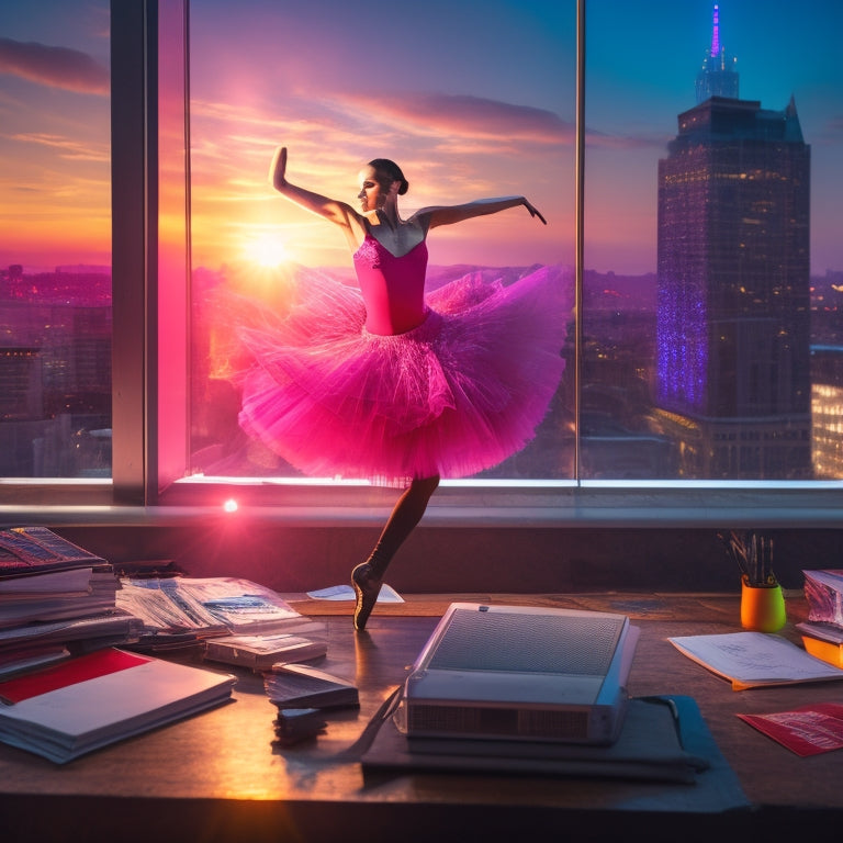 A spotlight shines on a dancer in mid-pirouette, surrounded by scattered papers, calculators, and a laptop with a glowing screen, amidst a backdrop of colorful curtains and a cityscape at dusk.