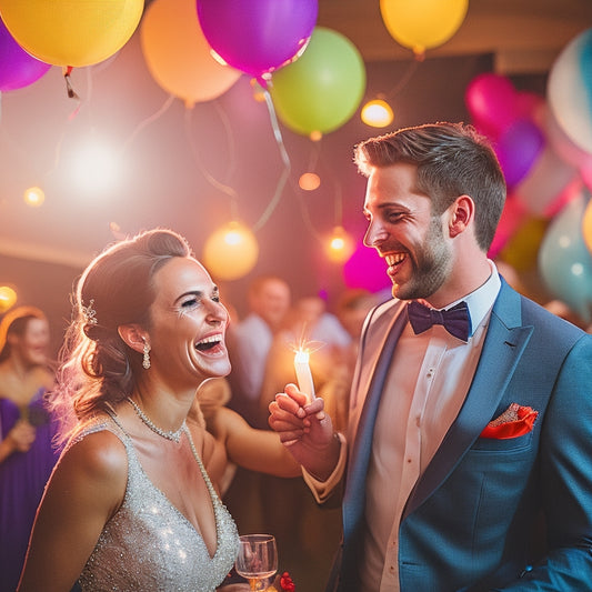 A vibrant, sunlit wedding reception with a joyful crowd surrounding a dance floor, where a bride and groom are laughing and swaying to music, surrounded by colorful balloons and twinkling string lights.