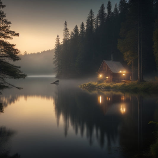 A misty, moonlit lake scene with a lone, dimly lit wooden cabin in the distance, surrounded by lush greenery, with a subtle, shimmering fog effect and warm, golden lighting.