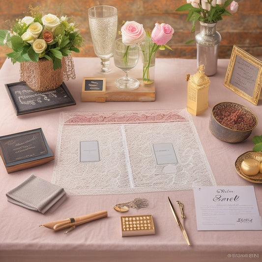 A whimsical illustration of a wedding planner's desk, adorned with a delicate lace tablecloth, featuring a partially filled-out timeline on a vintage-inspired chalkboard, surrounded by vendor business cards, flowers, and a elegant pen.