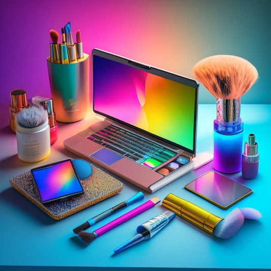 A stylized illustration of a dance makeup artist's workstation, featuring a sleek laptop, tablet, and smartphone, surrounded by colorful makeup brushes, palettes, and mirrors, with subtle, shimmering lights and soft, pastel hues.