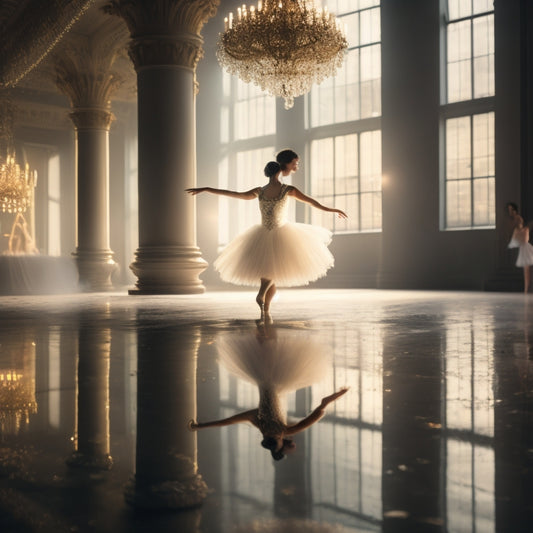 A serene, dimly-lit dance studio with a lone dancer in a flowing white tutu, surrounded by mirrors, barres, and scattered pointe shoes, with a subtle gradient of warm, golden light.