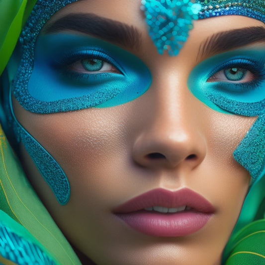 A close-up of a dancer's face, adorned with intricate, swirling patterns of turquoise and silver makeup, amidst a backdrop of vibrant, flowing fabrics and lush greenery.