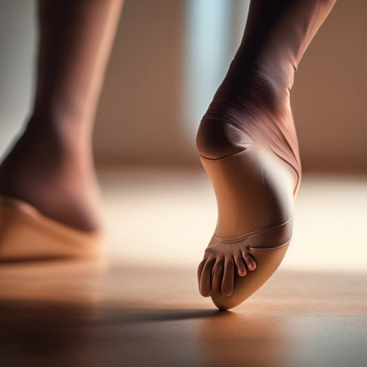A serene, close-up depiction of a ballet dancer's foot, showcasing a high arch in a relevé position, set against a soft, muted background with subtle, warm lighting.
