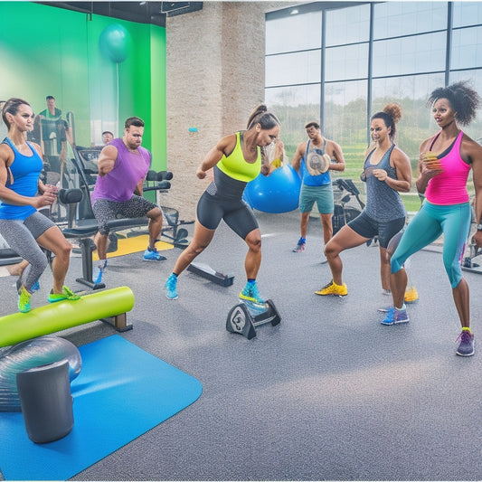 A vibrant gym scene with diverse individuals engaged in personalized workouts. Include fitness equipment like dumbbells and resistance bands, a whiteboard with workout plans, and a nutrition chart on the wall, all surrounded by colorful exercise mats.