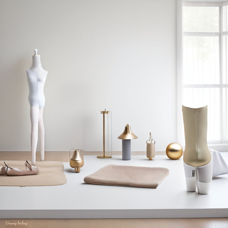 A minimalist, modern dance studio with 10 neatly arranged dancewear items: a leotard, tutu, pointe shoes, leg warmers, dance belt, and more, against a clean, light-gray background, with soft, golden lighting.