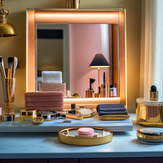 A clutter-free, well-lit vanity with a rotating makeup organizer, labeled drawers, and a tray of neatly arranged brushes, surrounded by a few strategically placed beauty products and a small, leather-bound planner.