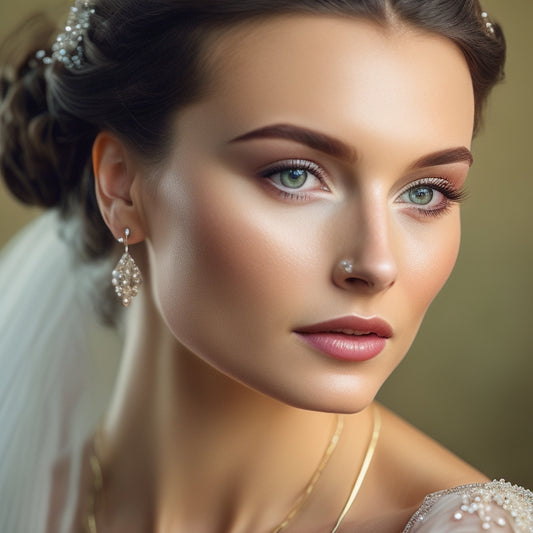 A serene, soft-focus image featuring a beautiful bride with a delicate, braided updo adorned with subtle, shimmering pearls and a few strategically placed, loose strands framing her face.