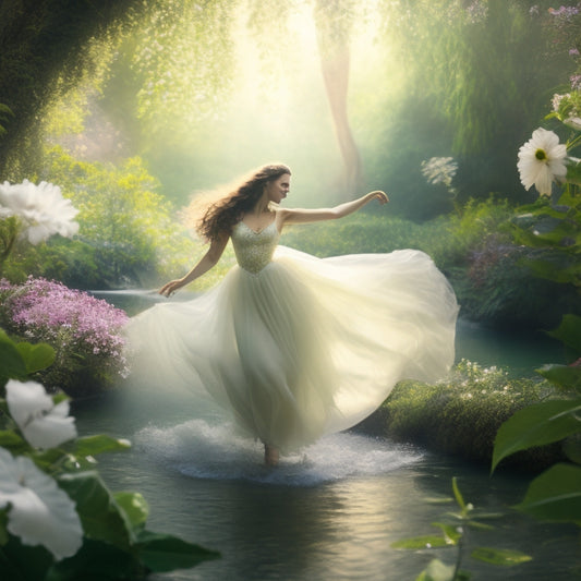 A whimsical, dreamy illustration featuring a dancing female figure surrounded by lush greenery, flowers, and subtle water patterns, with a soft, ethereal glow and delicate, expressive brushstrokes.