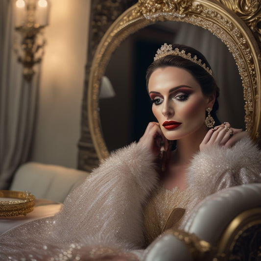 A soft-focus, warm-toned image of a bride sitting in a plush, velvet-covered chair, gazing into a ornate, gold-rimmed mirror as a skilled makeup artist's hands work magic on her face.