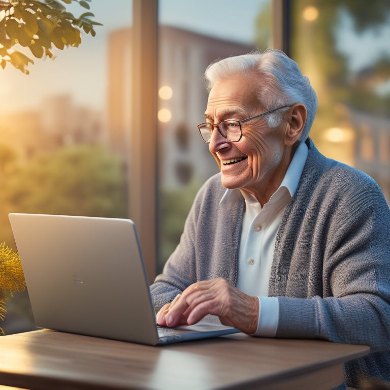 An illustration of a smiling senior adult sitting comfortably in a cozy home office, surrounded by a laptop, books, and a yoga mat, with a subtle cityscape or park scenery outside the window.