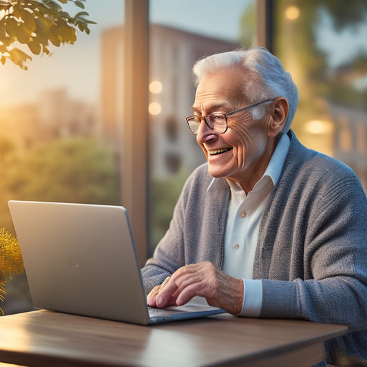 An illustration of a smiling senior adult sitting comfortably in a cozy home office, surrounded by a laptop, books, and a yoga mat, with a subtle cityscape or park scenery outside the window.