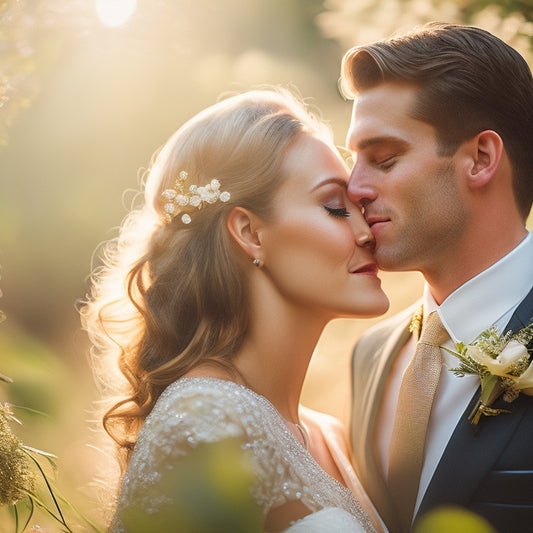 A warm, golden-lit photograph of a bride and groom embracing, surrounded by lush greenery and soft, white flowers, with a blurred, sun-kissed background and a sprinkle of confetti.