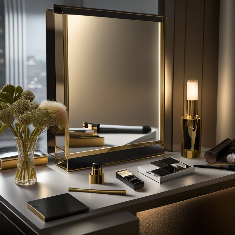 A sleek, modern vanity with a lit mirror, surrounded by an array of high-end makeup products and brushes, with a laptop or tablet open to a tutorial webpage in the center.