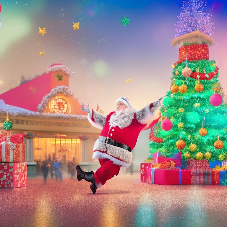 A whimsical illustration of Santa Claus dancing in front of a giant countdown calendar, surrounded by festive balloons, streamers, and confetti, with a blurred-out church background.