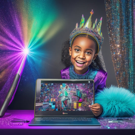 A colorful illustration of a smiling young dancer, around 8-10 years old, with a sparkly costume and microphone, surrounded by makeup brushes, glitter, and a laptop with a dance class on the screen.