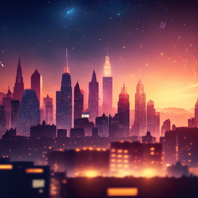 A stylized illustration of a cityscape at sunset, with spotlights shining on various rooftops, each featuring a different rising star silhouette, surrounded by musical notes and starbursts.
