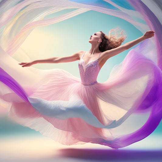 A whimsical illustration of a dancer in motion, surrounded by swirling ribbons of light, set against a soft, gradient background of pastel hues, evoking a sense of elegance and freedom.