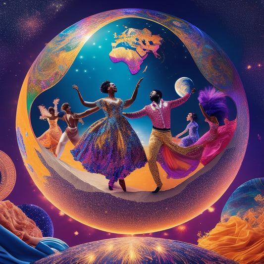 A vibrant illustration featuring a stylized globe with dancing figures of diverse skin tones and dance styles, surrounded by swirling ribbons and confetti, against a bright, starry night sky.