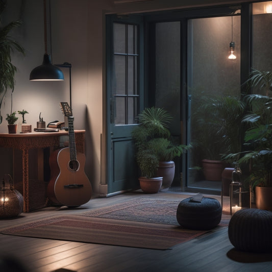 A serene, dimly lit yoga studio with a few scattered mats, a guitar leaning against a wall, and a laptop open on a nearby bench, surrounded by calming plants and soft, warm lighting.