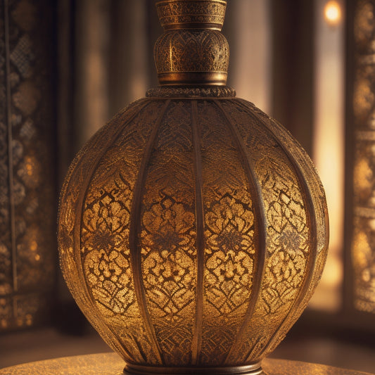 A vibrant, golden-hued background with intricate, swirling patterns reminiscent of Middle Eastern architecture. A delicate, ornate lantern hangs from the top, surrounded by flowing, translucent fabrics.