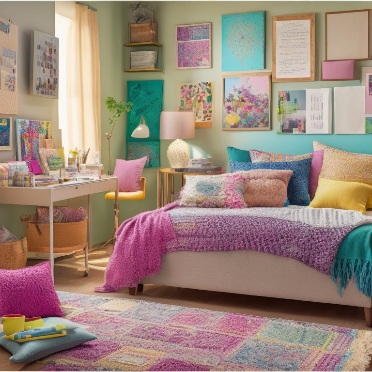 A vibrant, clutter-free room with a comfy bed, colorful throw pillows, and a desk adorned with art supplies, surrounded by inspirational quotes and a vision board on a corkboard wall.