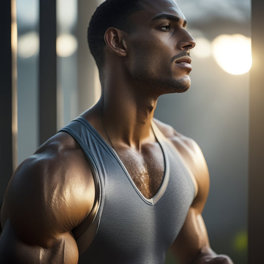 A serene, fit individual in a calm, natural environment, surrounded by subtle hints of fitness equipment, with a glowing, illuminated core radiating energy and vitality.