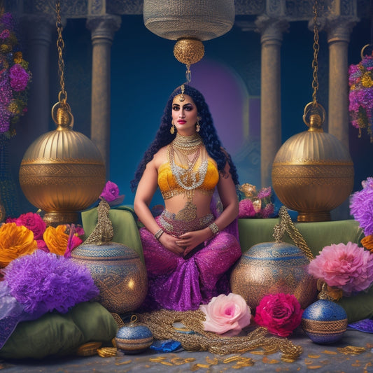 A whimsical illustration of a belly dancer surrounded by weights, chains, and locks, with a subtle background of Middle Eastern-inspired patterns and a faint image of a blooming flower in the distance.