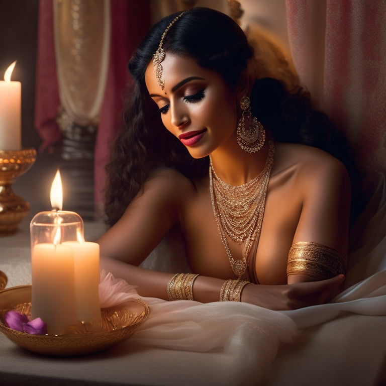 A serene, warm-lit illustration of a belly dancer in a gentle, twisted pose, with a subtle smile, surrounded by calming elements like lotus flowers, candles, and soft drapes.