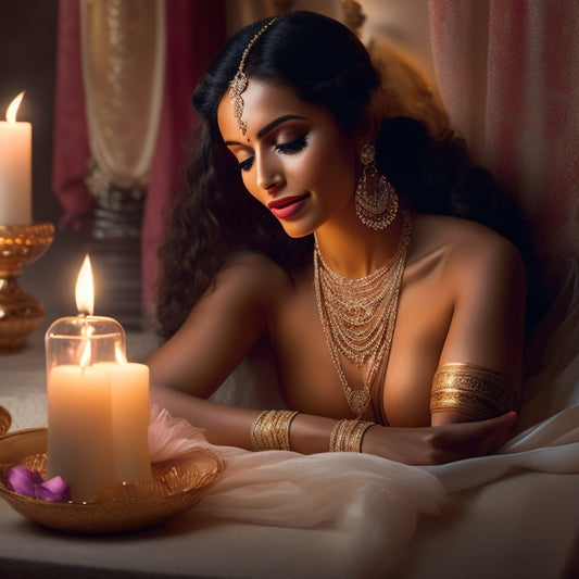 A serene, warm-lit illustration of a belly dancer in a gentle, twisted pose, with a subtle smile, surrounded by calming elements like lotus flowers, candles, and soft drapes.