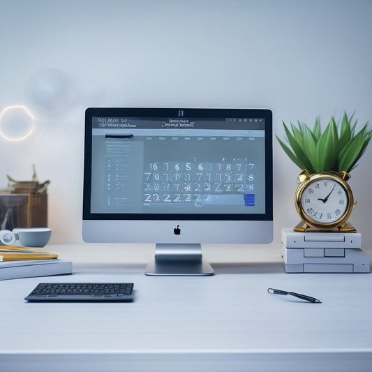 A minimalist illustration of a digital calendar on a laptop screen, surrounded by clocks, pens, and a few scattered papers, set against a clean and organized desktop background.