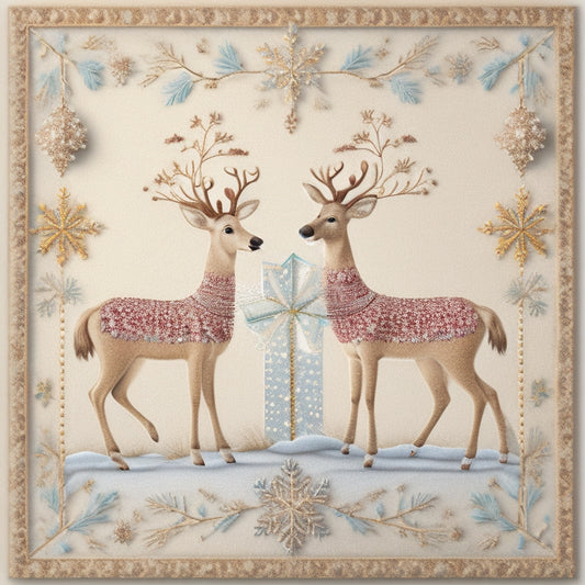 A whimsical illustration of two reindeer, Dasher and Dancer, surrounded by festive Quaker-inspired sampler motifs, set against a soft, creamy background with subtle snowflake patterns.